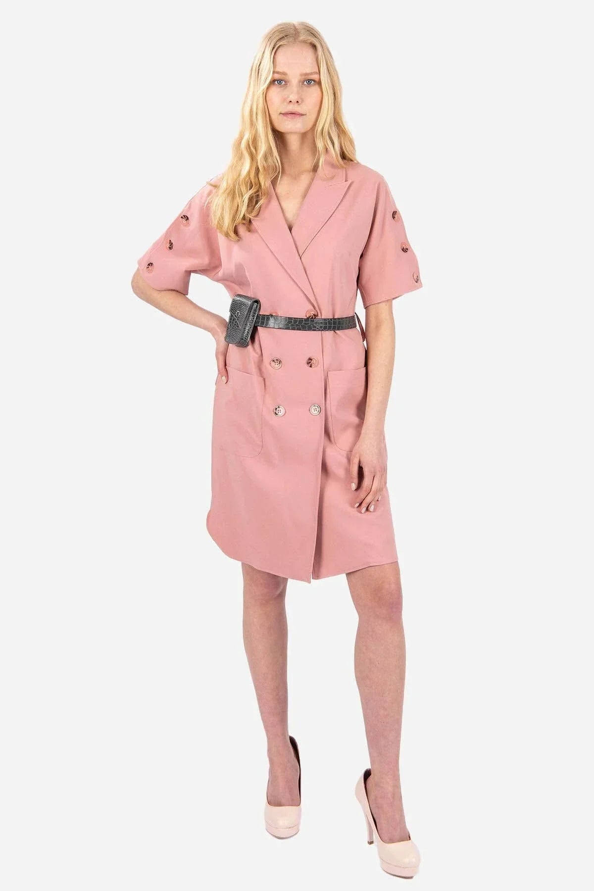 FRN LINE – Pink Double-Breasted Blazer Dress with Pocket Belt for Women FRN3022