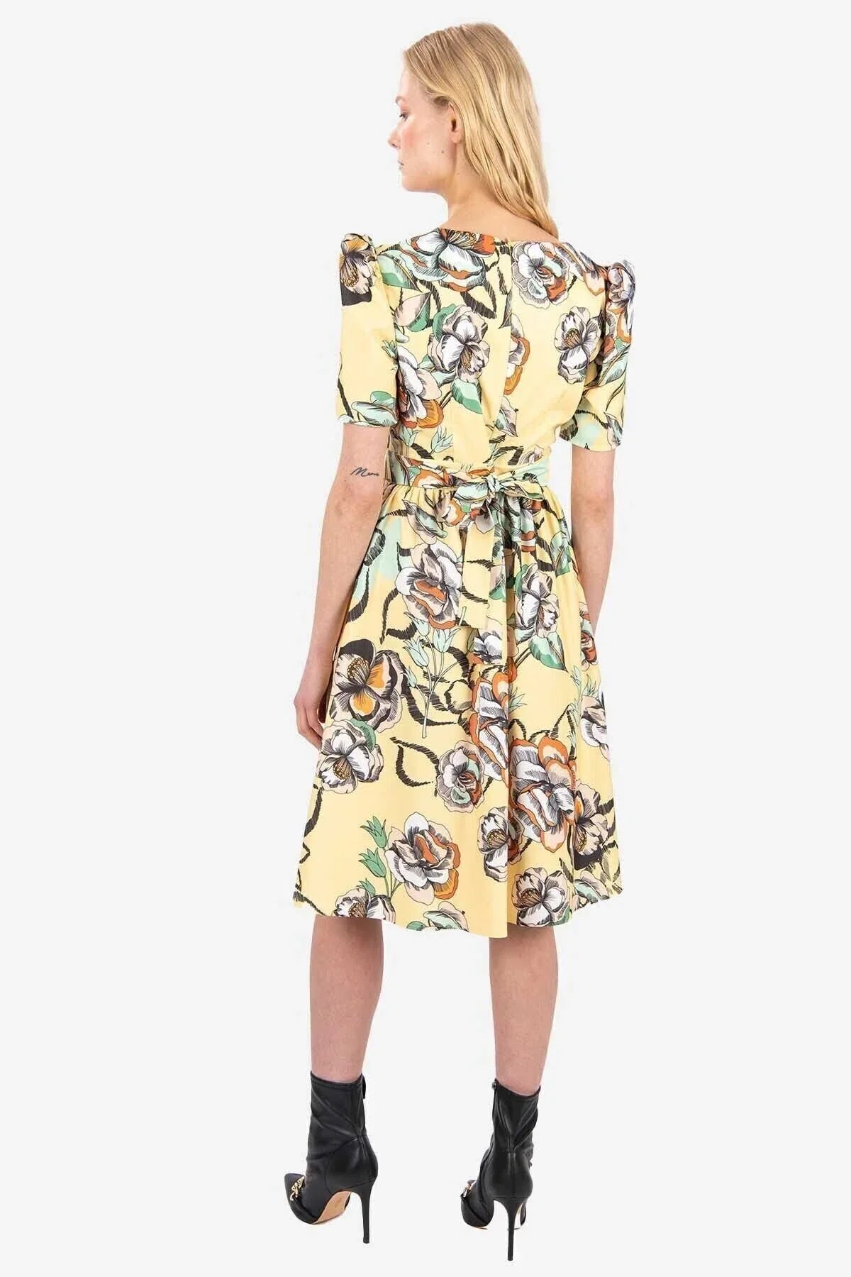 FRN LINE – Yellow Floral Elastic-Waist Dress for Women