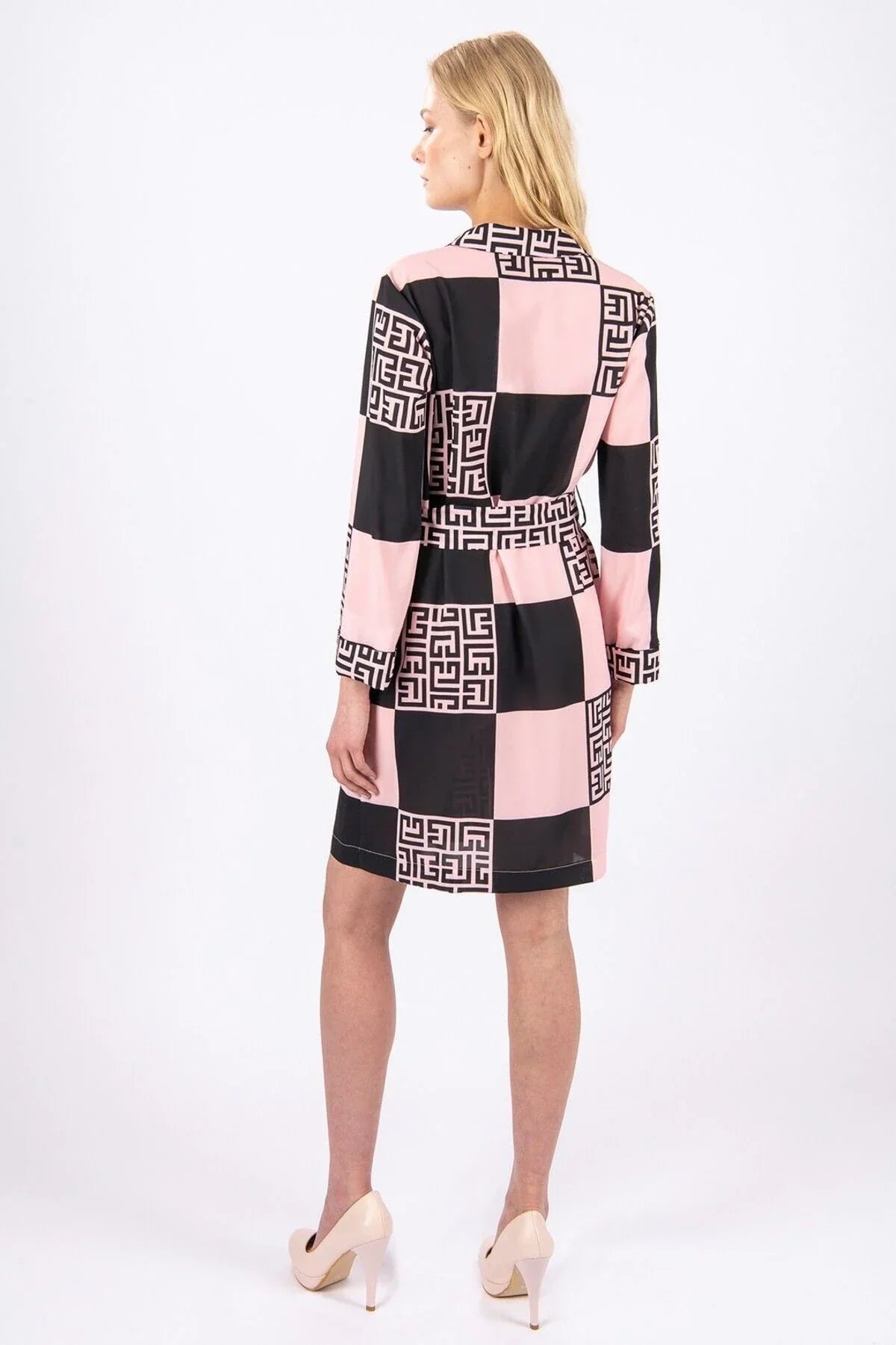 FRN LINE – Pink Printed Blazer-Collar Mini Dress for Women