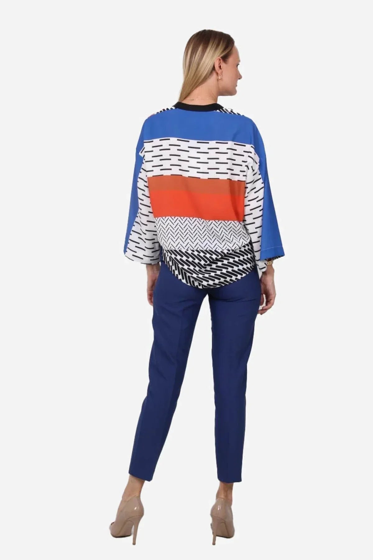 FRN LINE – Blue Patterned V-Neck Wide Sleeve Blouse for Women FRN1103