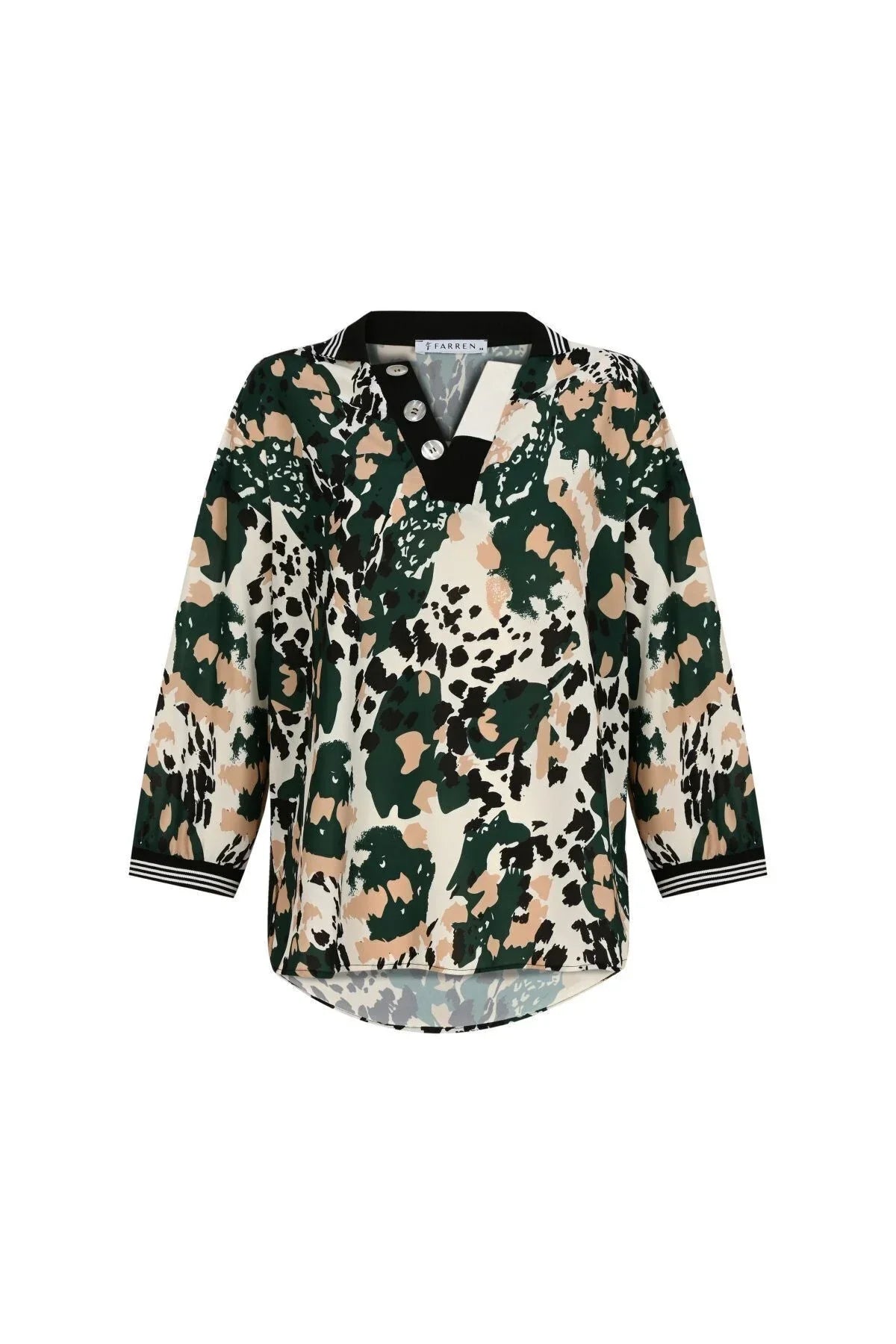 FRN LINE – Green Patterned Ribbed Buttoned Blouse for Women FRN1106