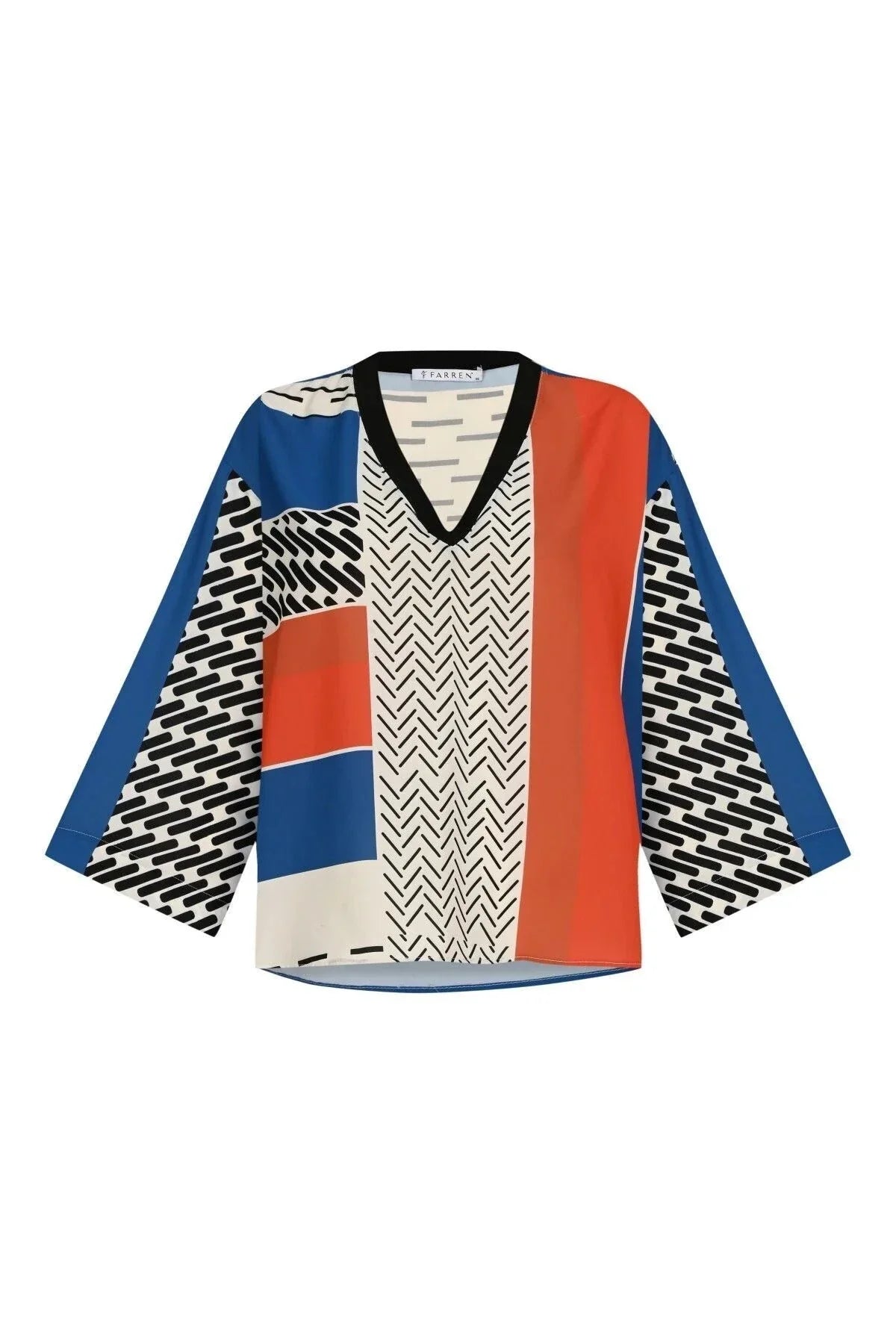 FRN LINE – Blue Patterned V-Neck Wide Sleeve Blouse for Women FRN1103