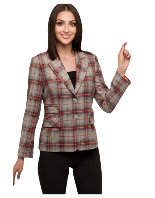 FRN LINE – Brown Checked Patterned Blazer Jacket for Women FRN6109