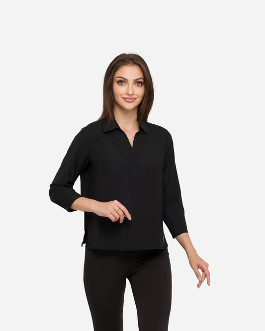 FRN LINE – Black Blouse with 3/4 Sleeves and Pat Collar Detail for Women FRN1101