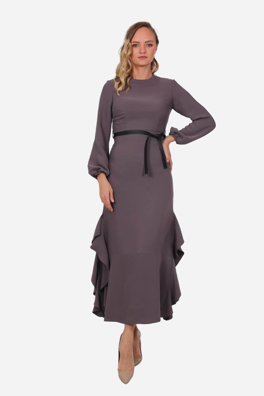 FRN LINE – Grey Long Sleeve Flared Midi Dress with Ruffled Panels for Women FRN3104