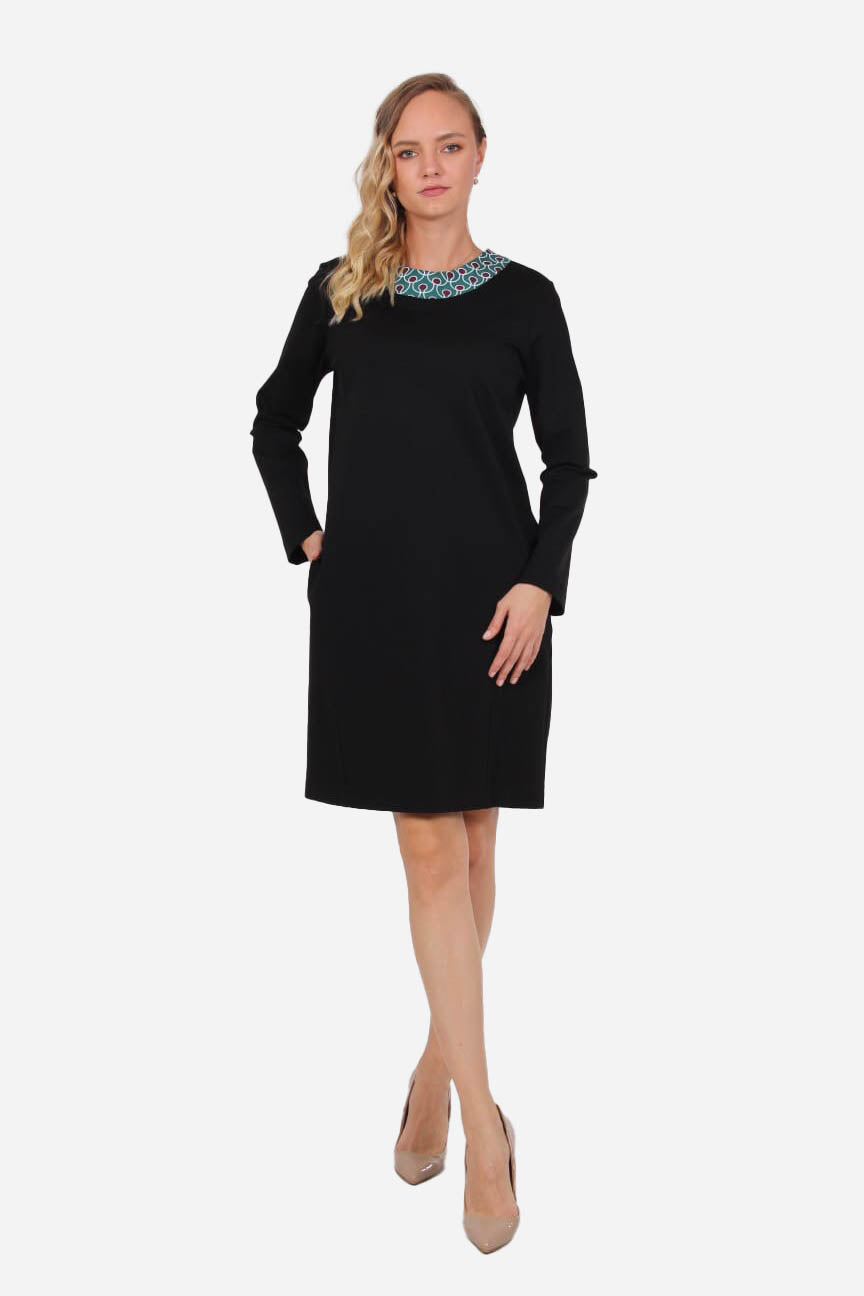 FRN LINE – Black Knit Dress with Patterned Collar Detail for Women FRN3110