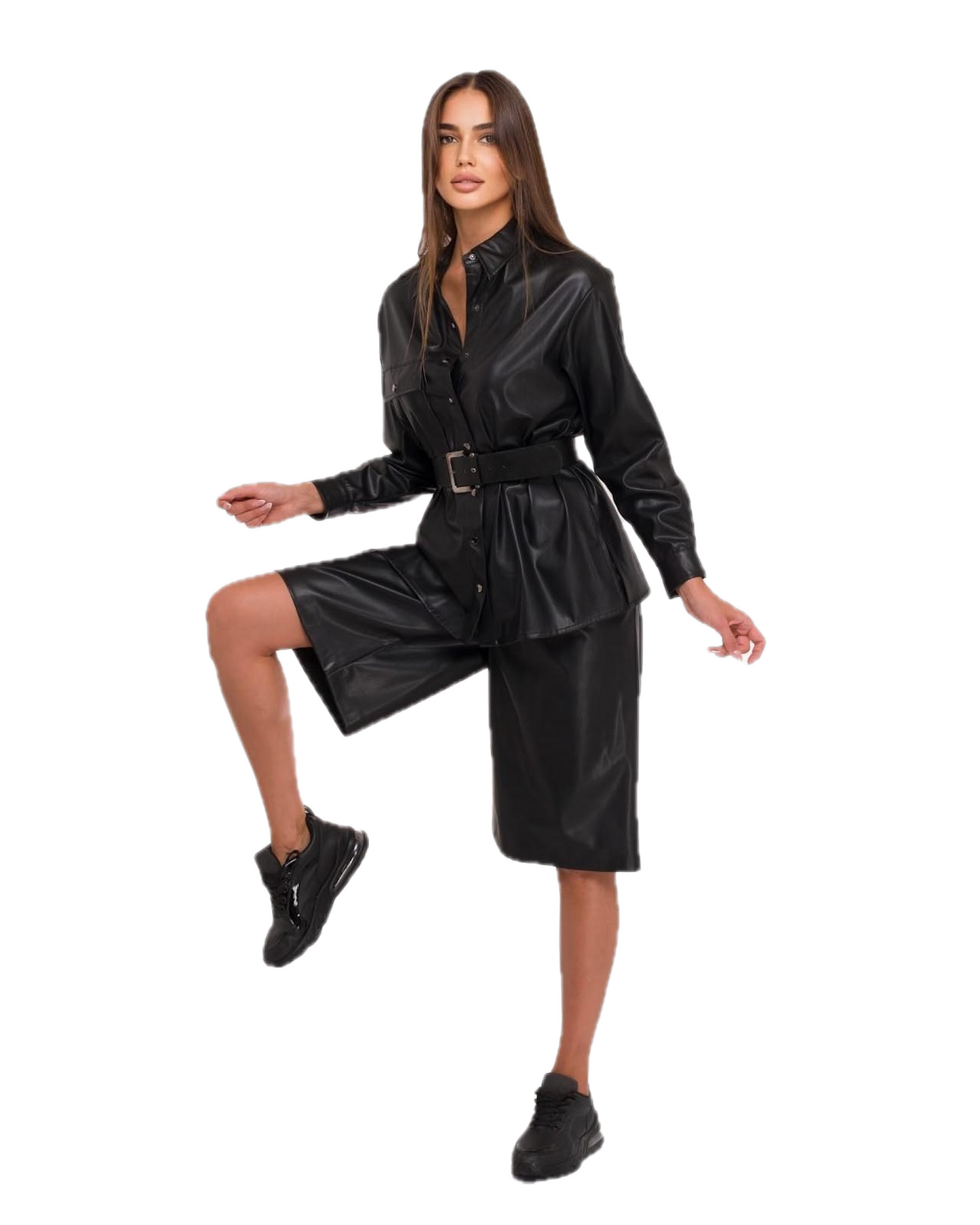 FRN LINE – Black Faux Leather Button-Up Shirt for Women FRN6108
