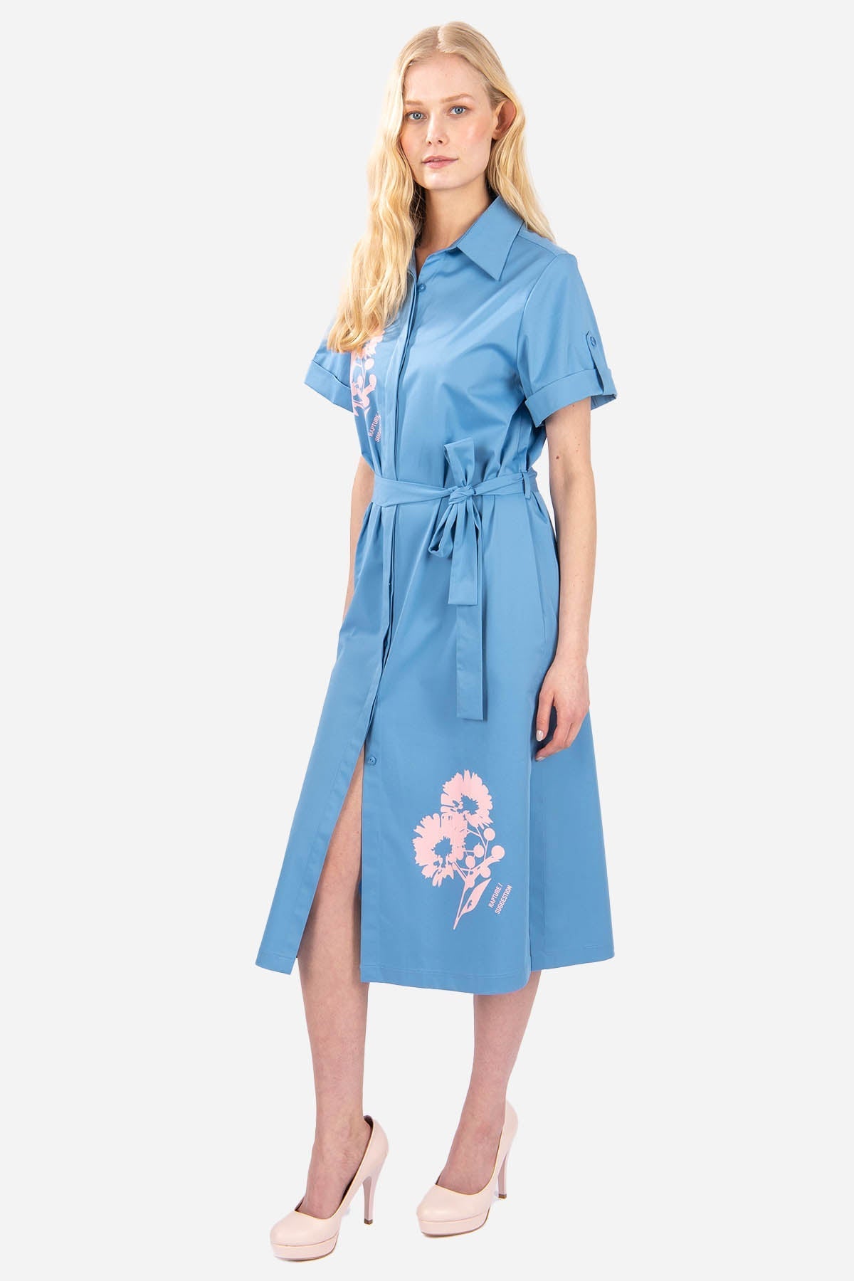 FRN LINE – Blue Floral Print Shirt Dress for Women