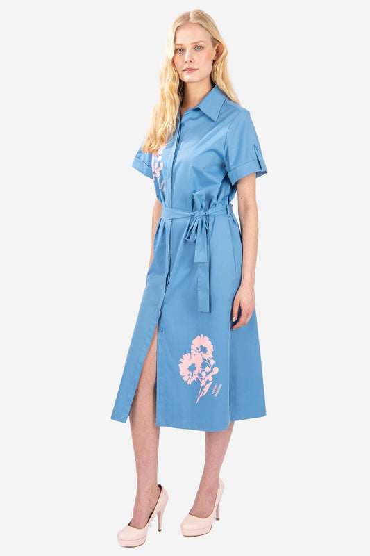 FRN LINE – Blue Floral Print Shirt Dress for Women