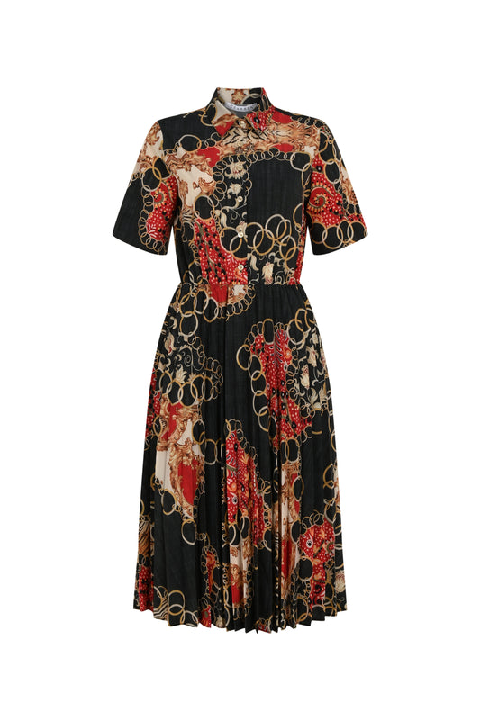 FRN LINE – Black Printed Pleated Shirt Dress for Women FRN3005