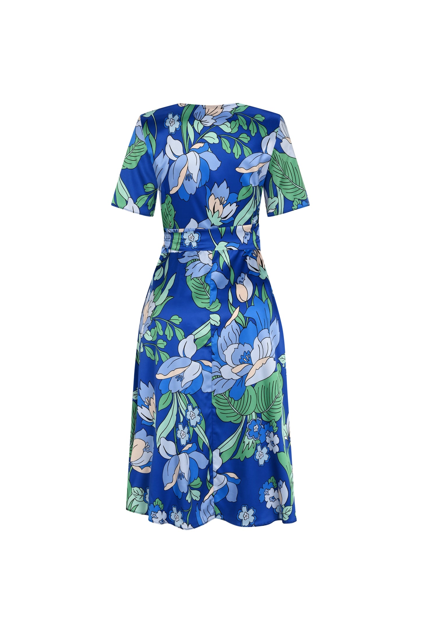 FRN LINE – Blue Bold Floral Print Satin Wrap Dress for Women FRN30383