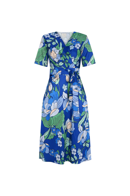 FRN LINE – Blue Bold Floral Print Satin Wrap Dress for Women FRN30383