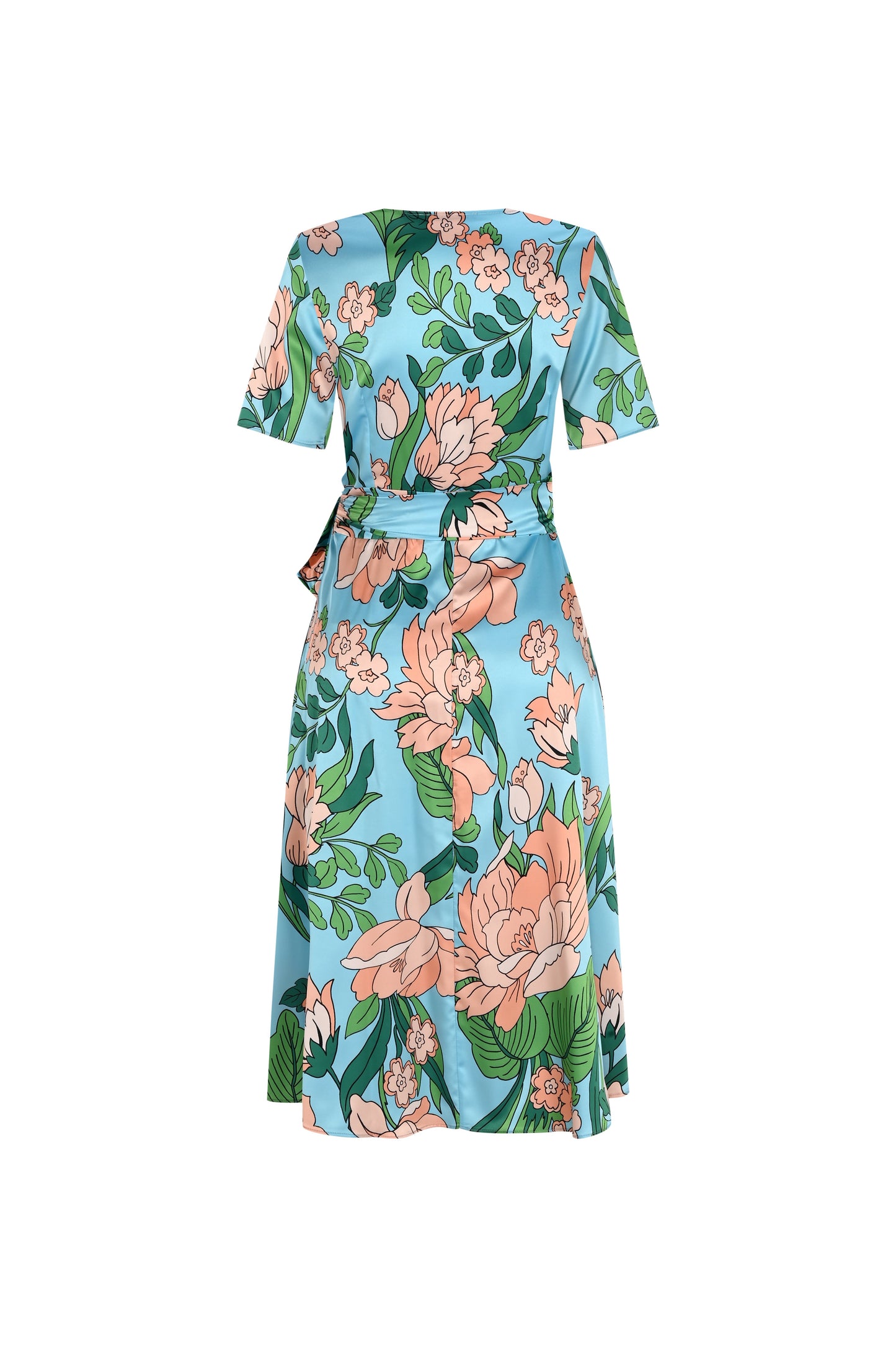 FRN LINE – Mint Green Bold Floral Print Satin Wrap Dress for Women FRN30383