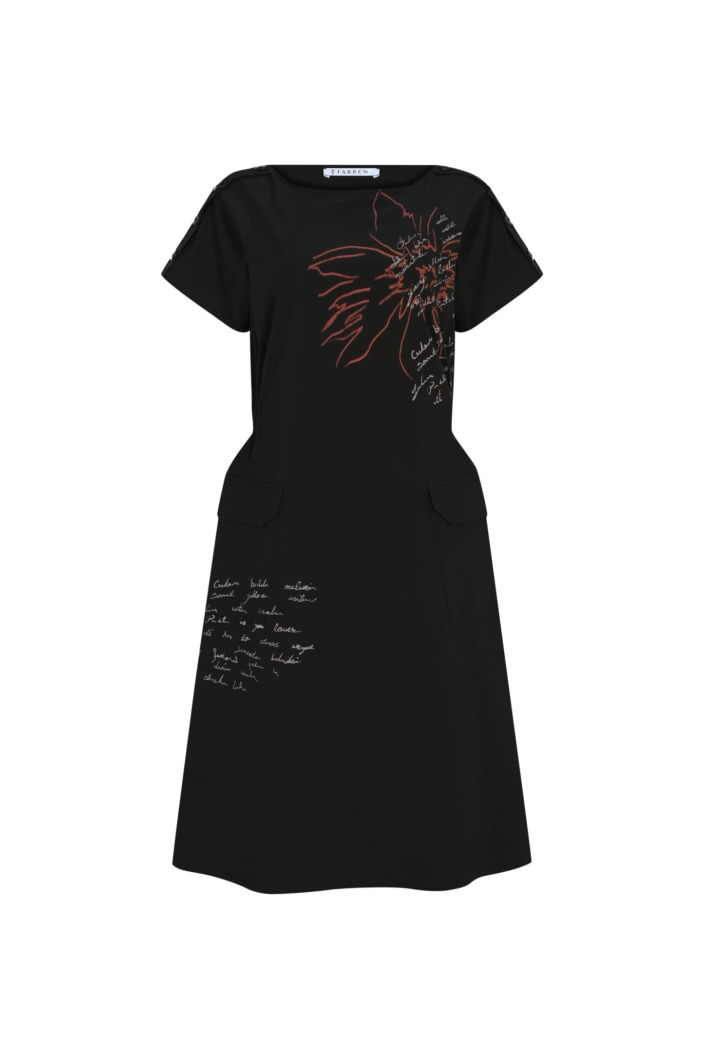 FRN LINE – Black Floral Script Print Pocket Midi Dress for Women FRN30398