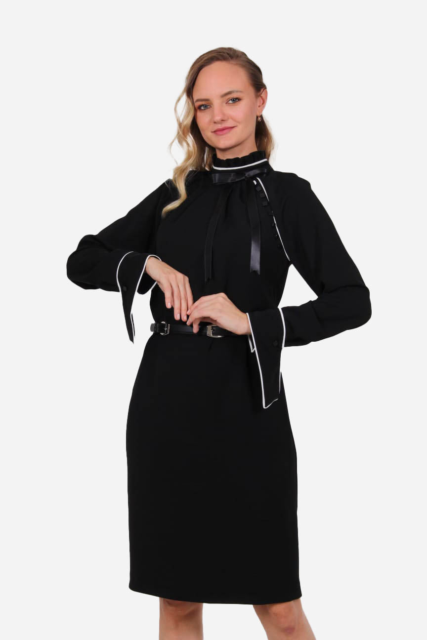 FRN LINE – Black High-Neck Dress with Bow Detail for Women