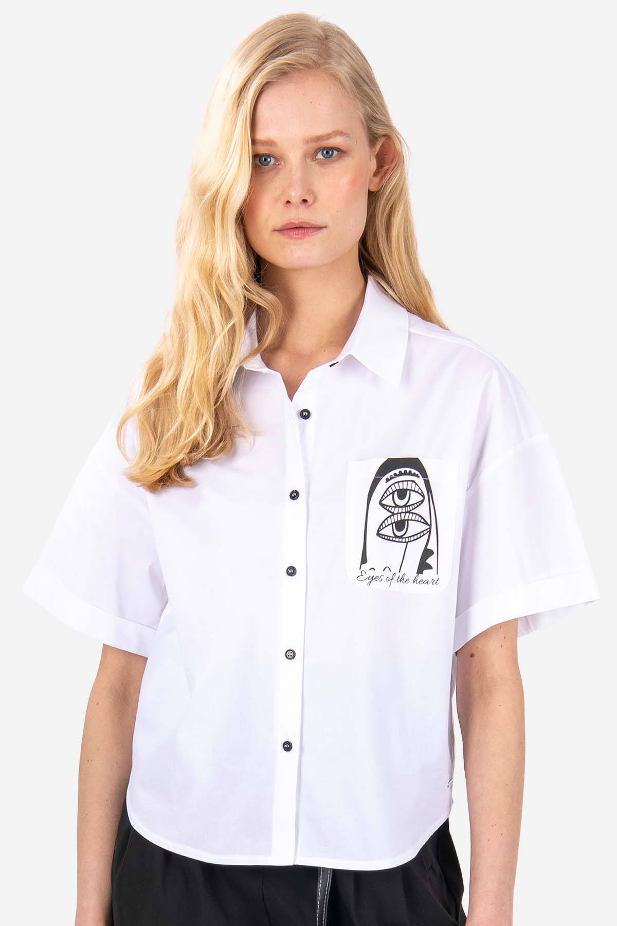 FRN LINE – Black Abstract Print Short Sleeve Shirt for Women FRN6003