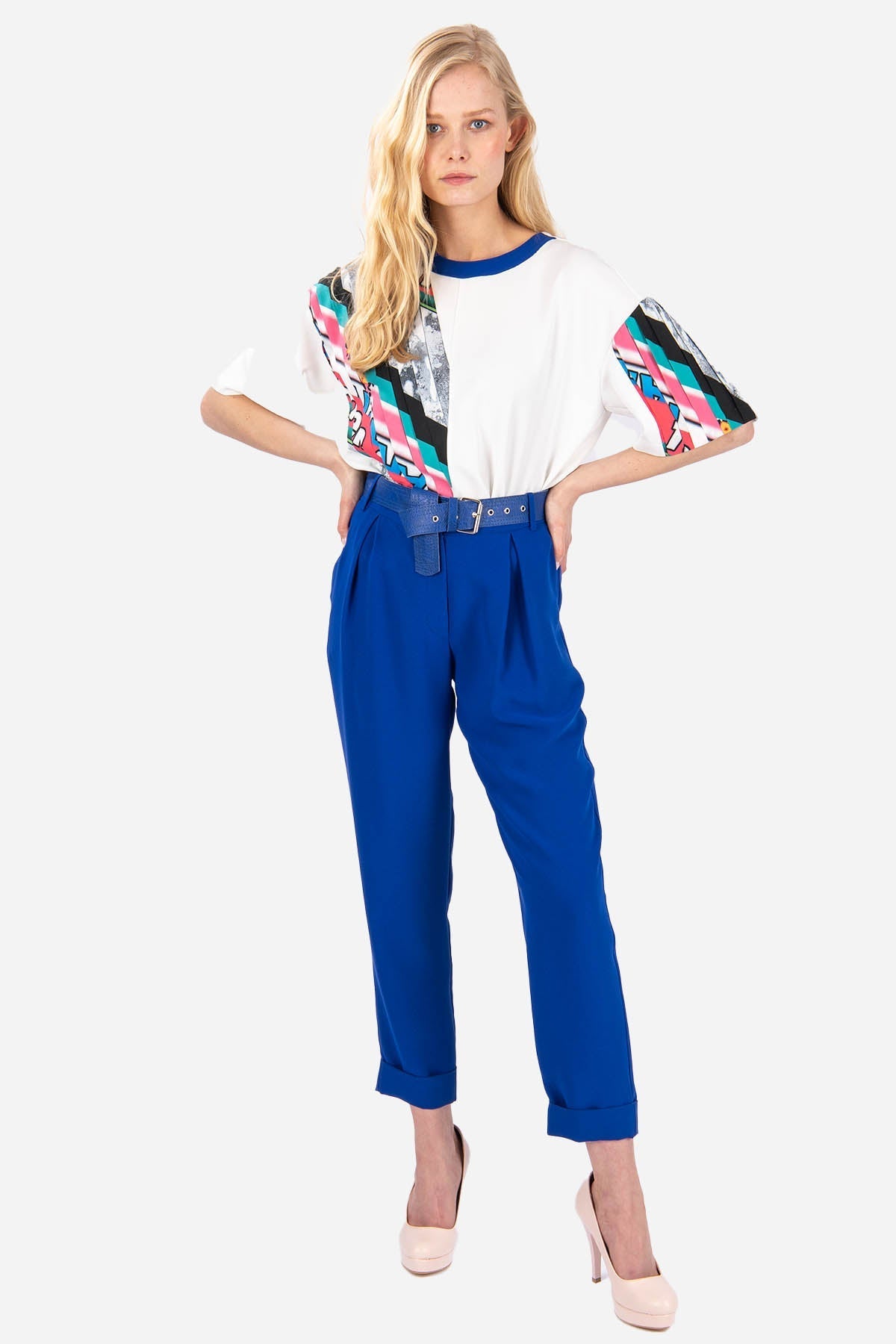 FRN LINE – Blue Pleated Tapered Trousers with Belt for Women FRN2000