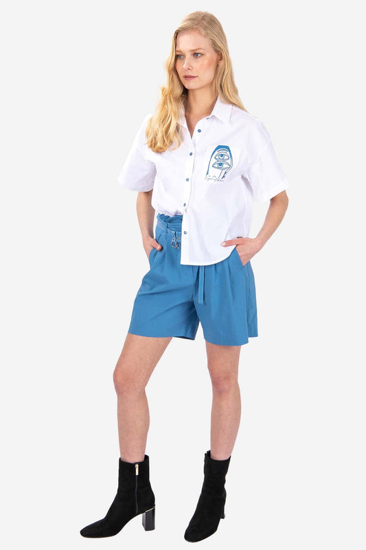 FRN LINE – Blue Abstract Print Short Sleeve Shirt for Women FRN6003