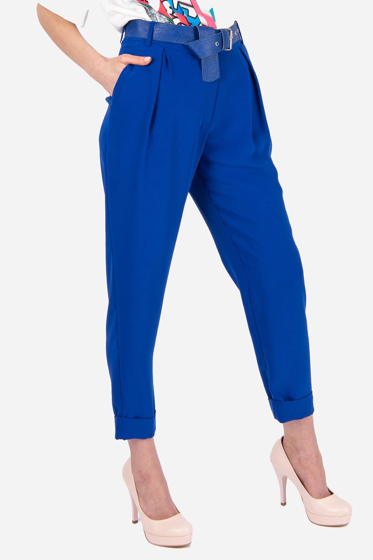 FRN LINE – Blue Pleated Tapered Trousers with Belt for Women FRN2000