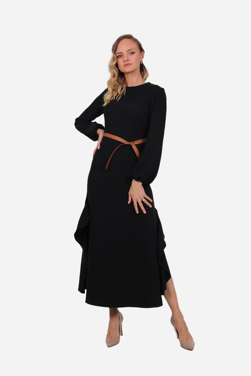 FRN LINE – Black Long Sleeve Flared Midi Dress with Ruffled Panels for Women FRN3104