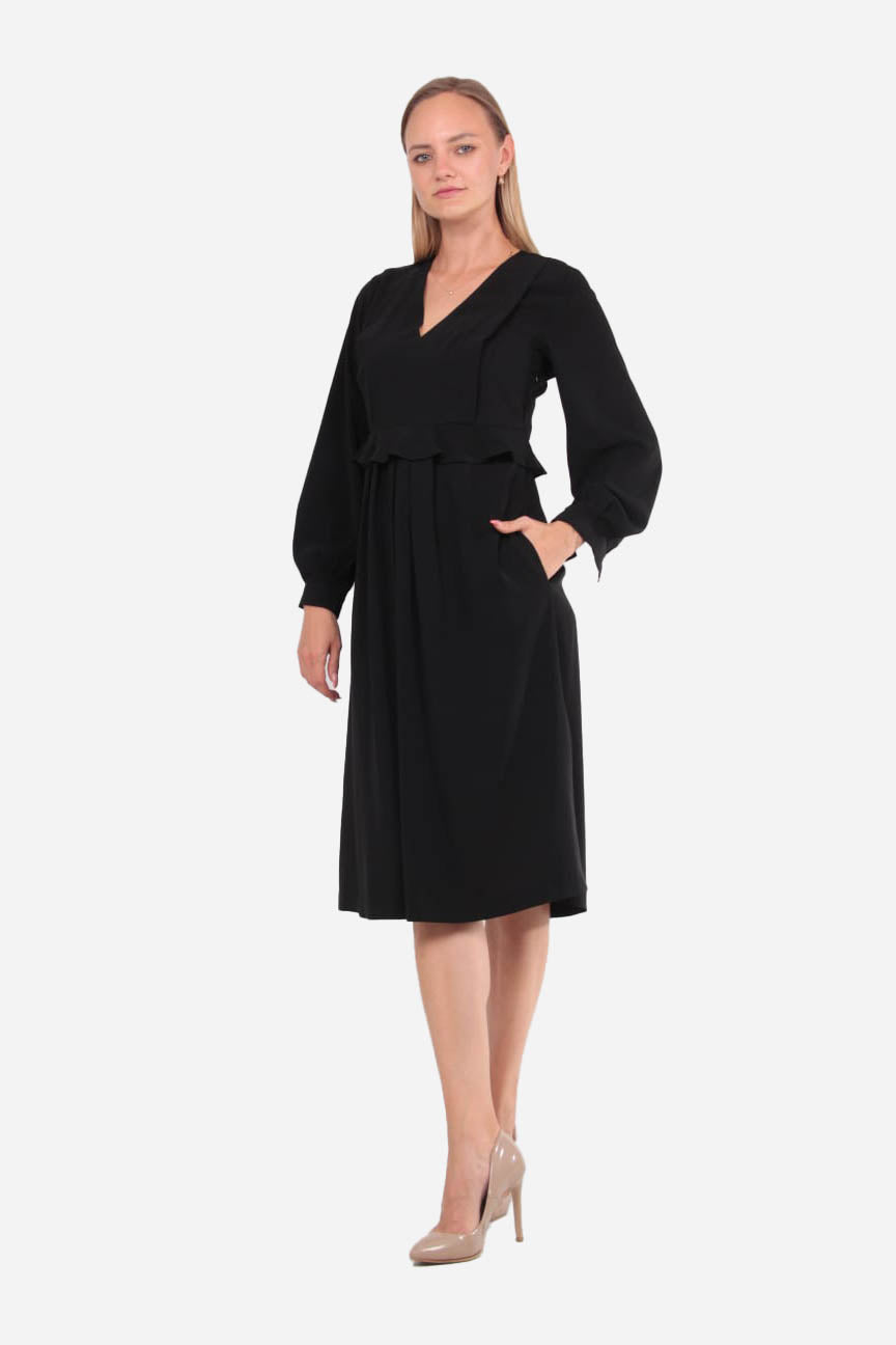 FRN LINE – Black Ruffle Detail Midi Dress
