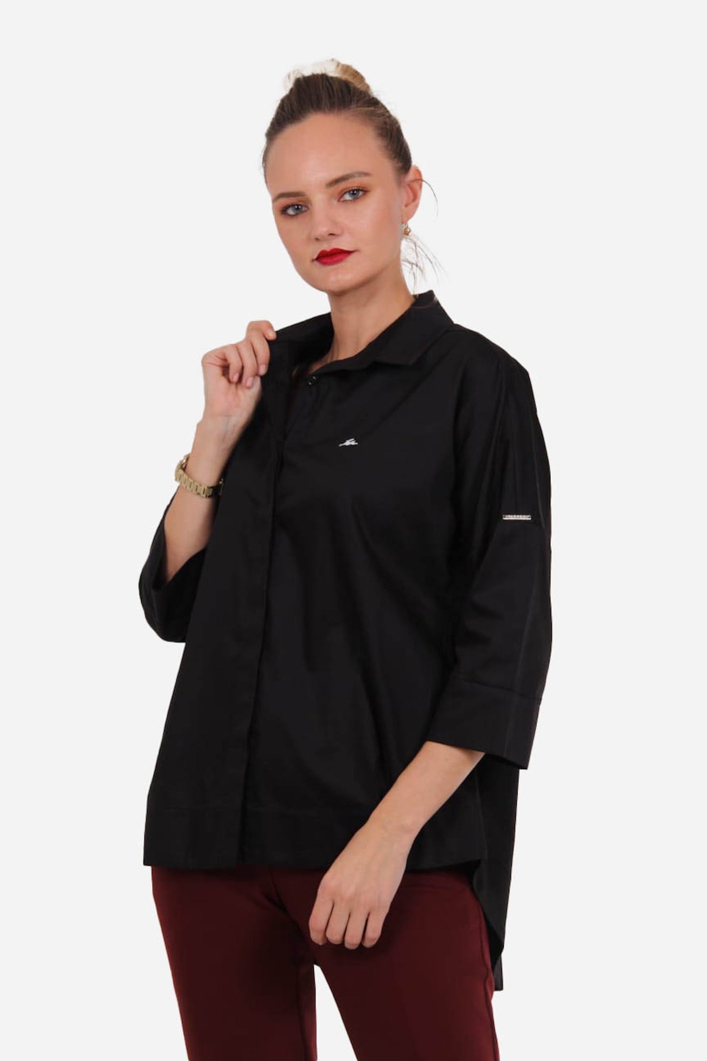 FRN LINE – Black Cotton Poplin Shirt with 3/4 Sleeves for Women FRN1100