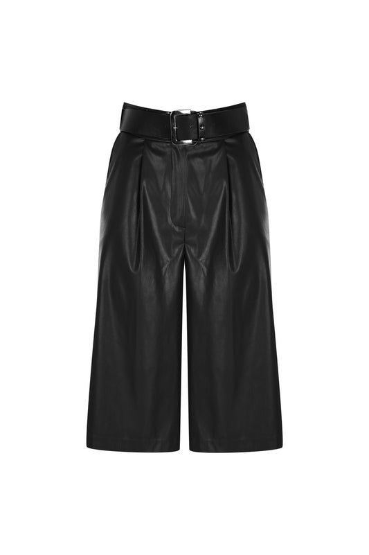 FRN LINE – Black Faux Leather Belted Shorts for Women FRN61080