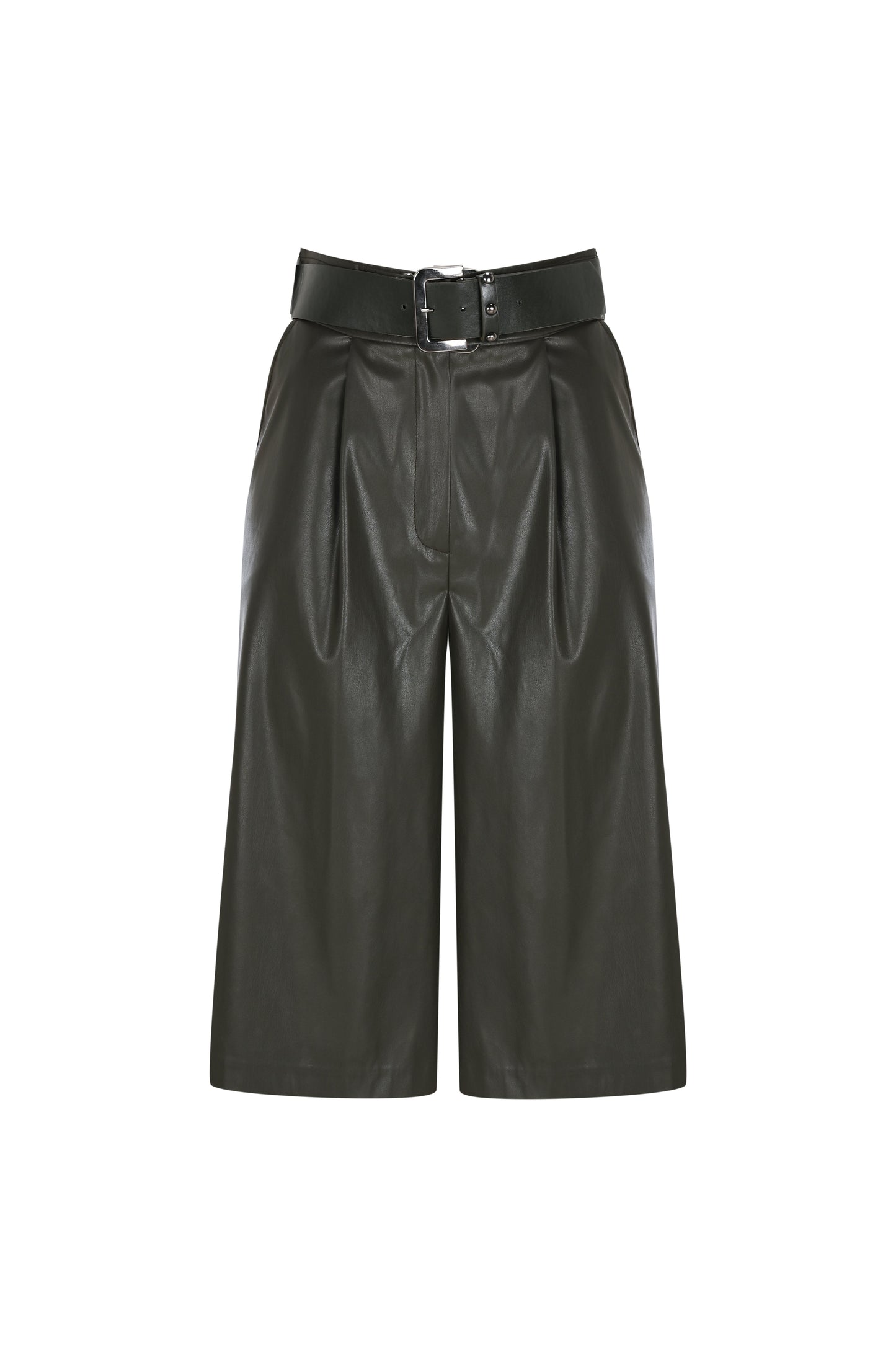 FRN LINE – KKhaki Faux Leather Belted Shorts for Women FRN6108
