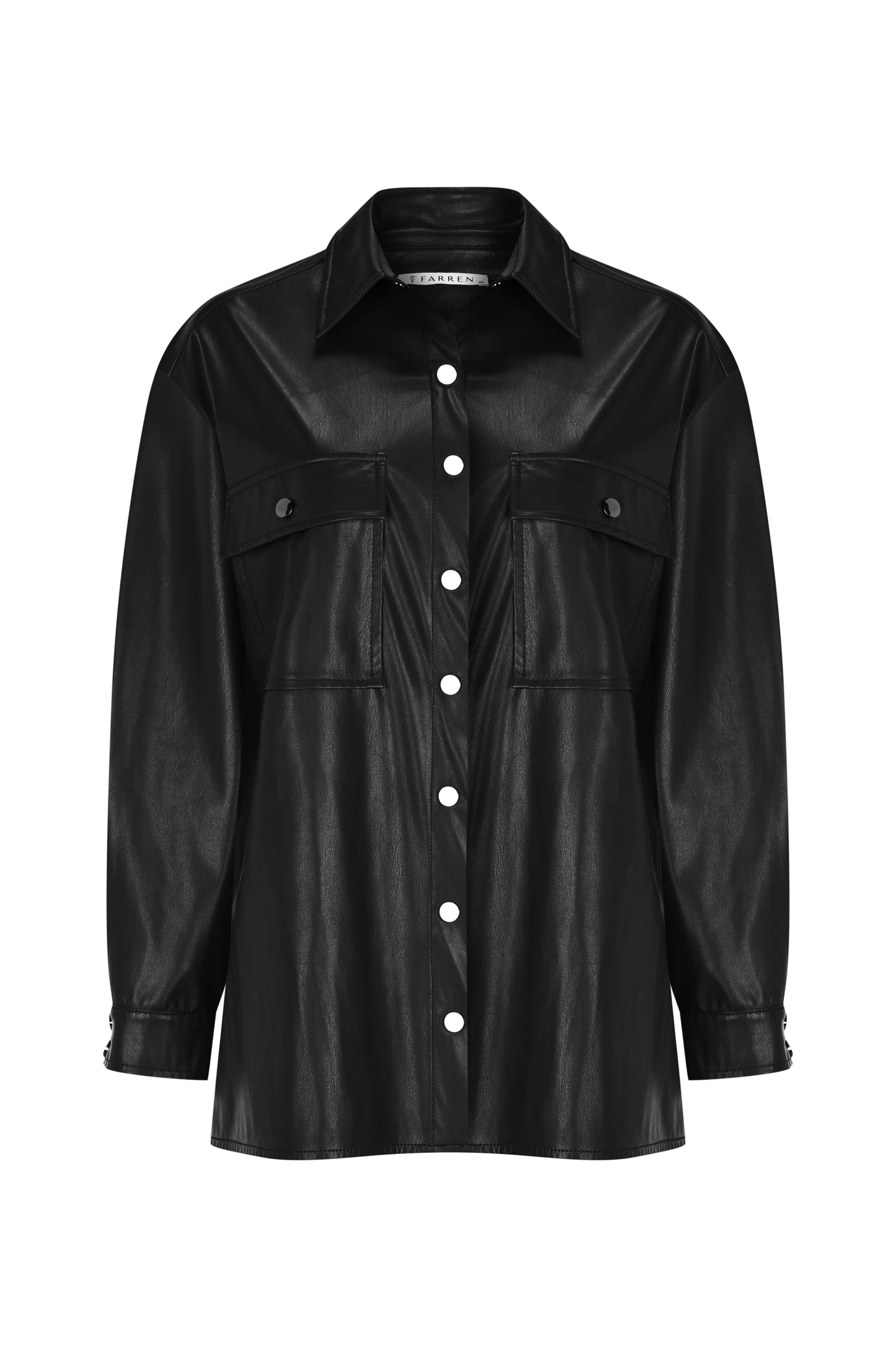 FRN LINE – Black Faux Leather Button-Up Shirt for Women FRN6108