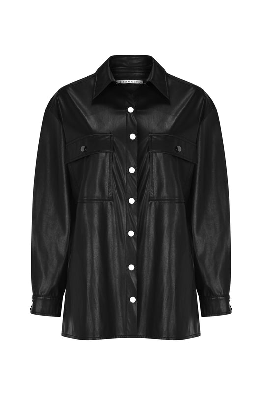 FRN LINE – Black Faux Leather Button-Up Shirt for Women FRN6108