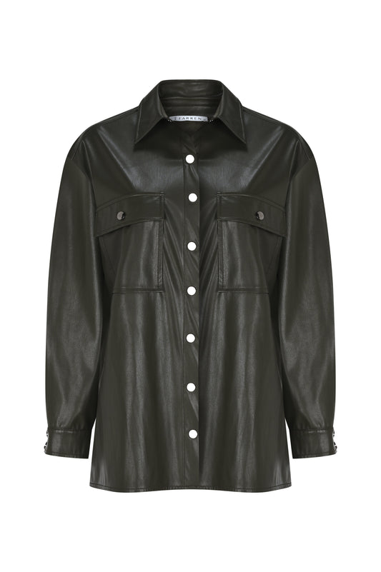 FRN LINE – Green Faux Leather Button-Up Shirt for Women FRN6108