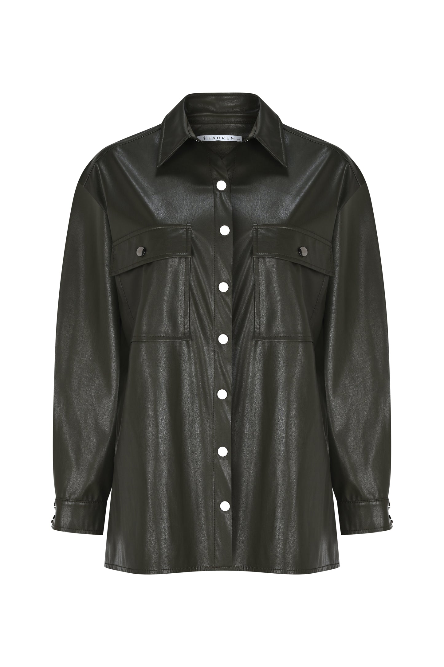 FRN LINE – Green Faux Leather Button-Up Shirt for Women FRN6108