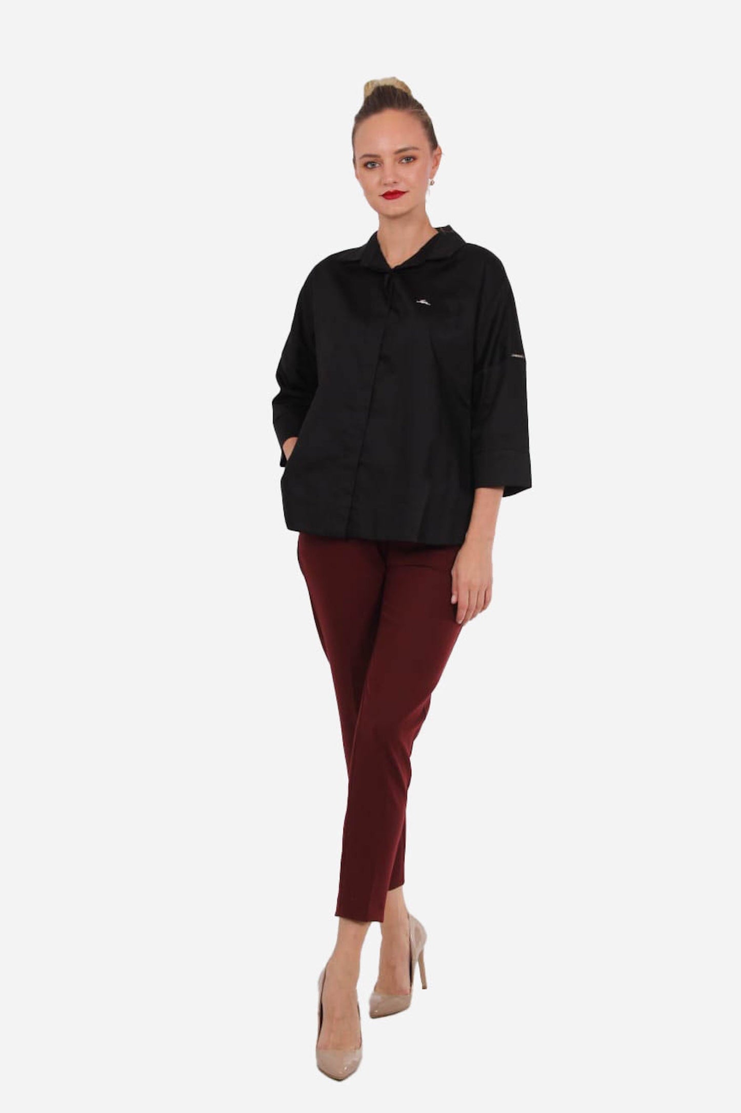 FRN LINE – Black Cotton Poplin Shirt with 3/4 Sleeves for Women FRN1100