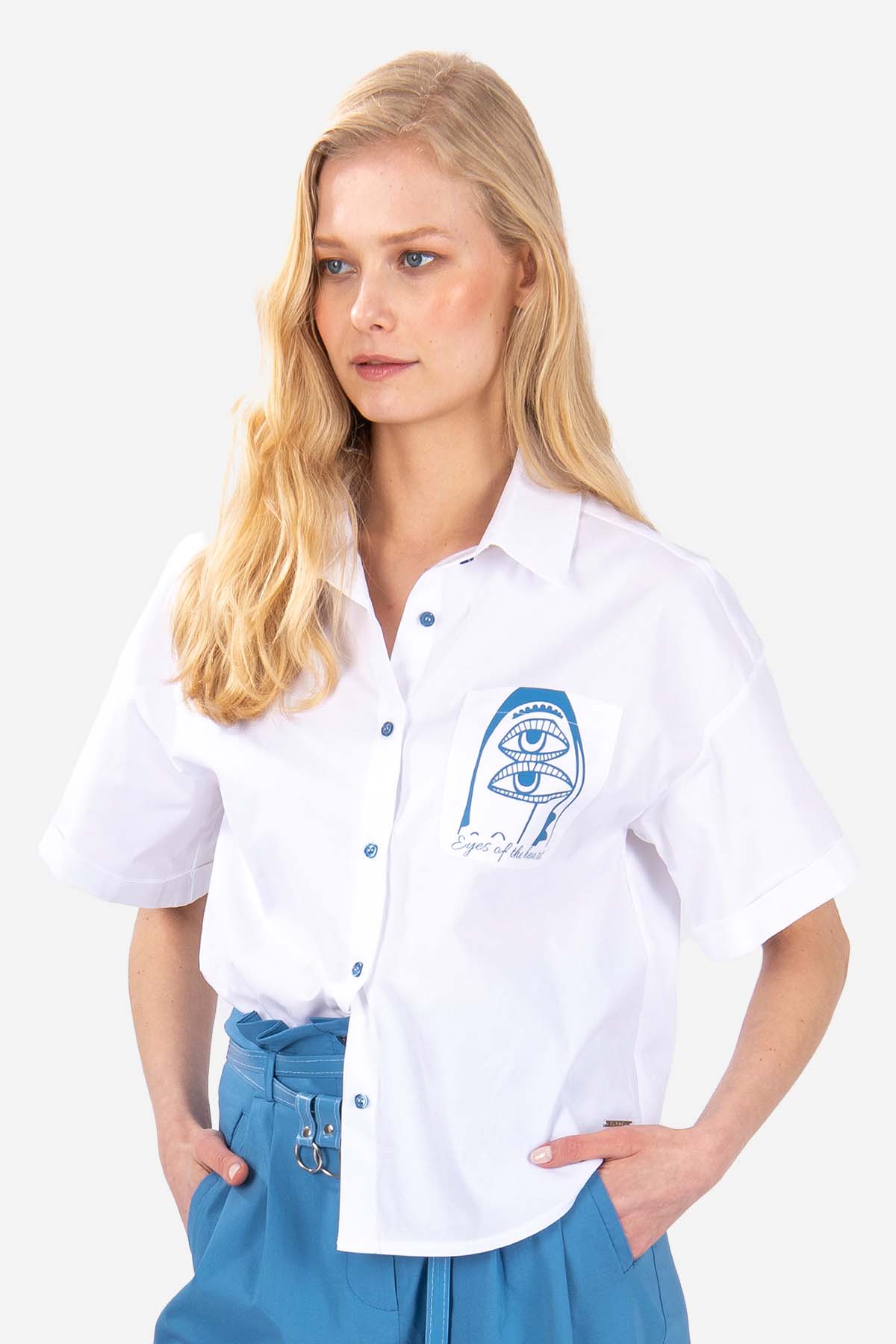 FRN LINE – Blue Abstract Print Short Sleeve Shirt for Women FRN6003