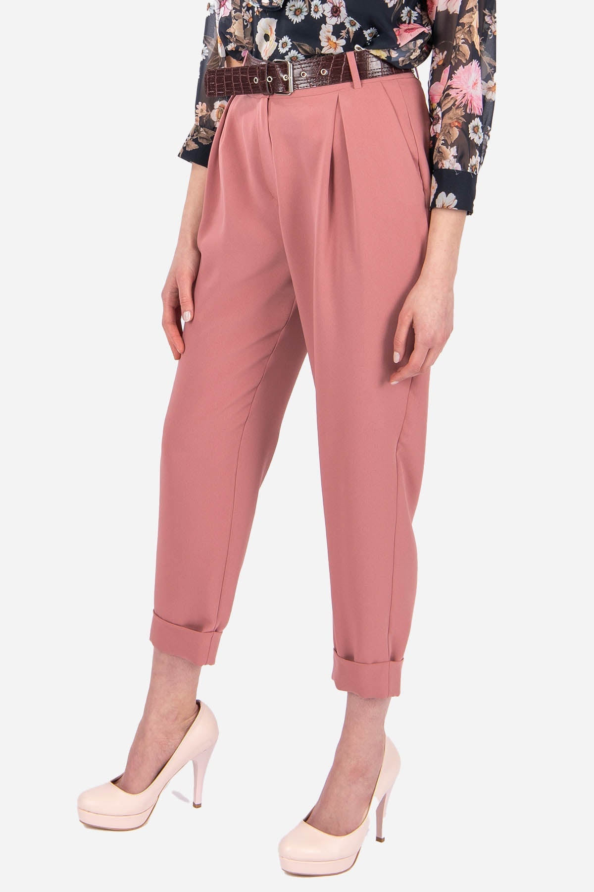 FRN LINE – Pink Pleated Tapered Trousers with Belt for Women FRN2000