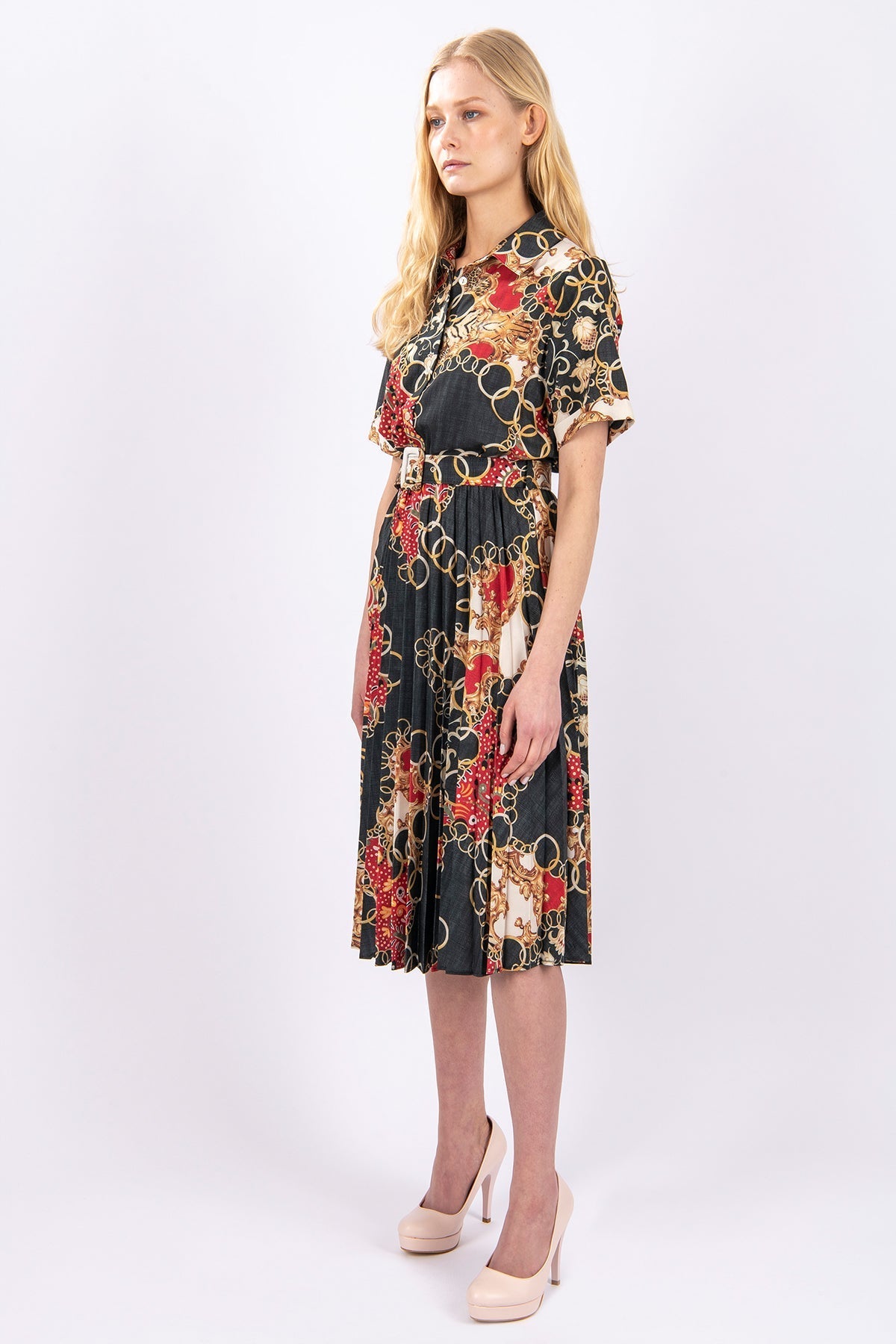 FRN LINE – Black Printed Pleated Shirt Dress for Women FRN3005