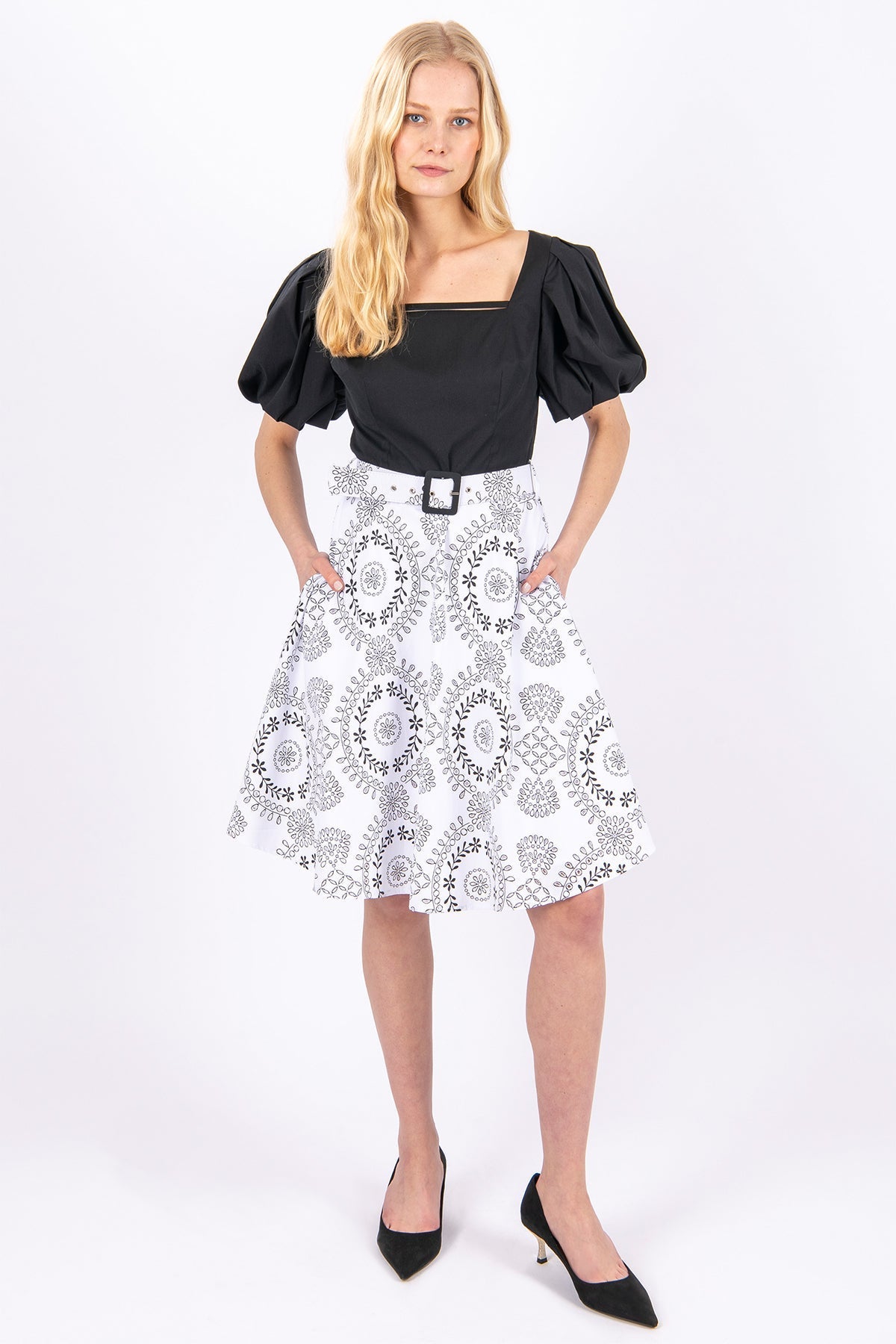 FRN LINE – Black Square-Neck Broderie Dress for Women