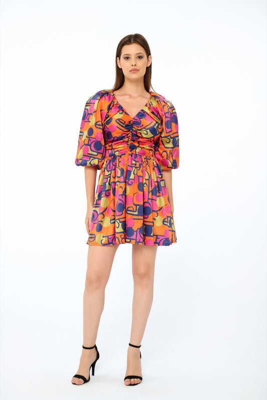 Zoya – Puff Sleeve Mini Dress in Sunset Pop