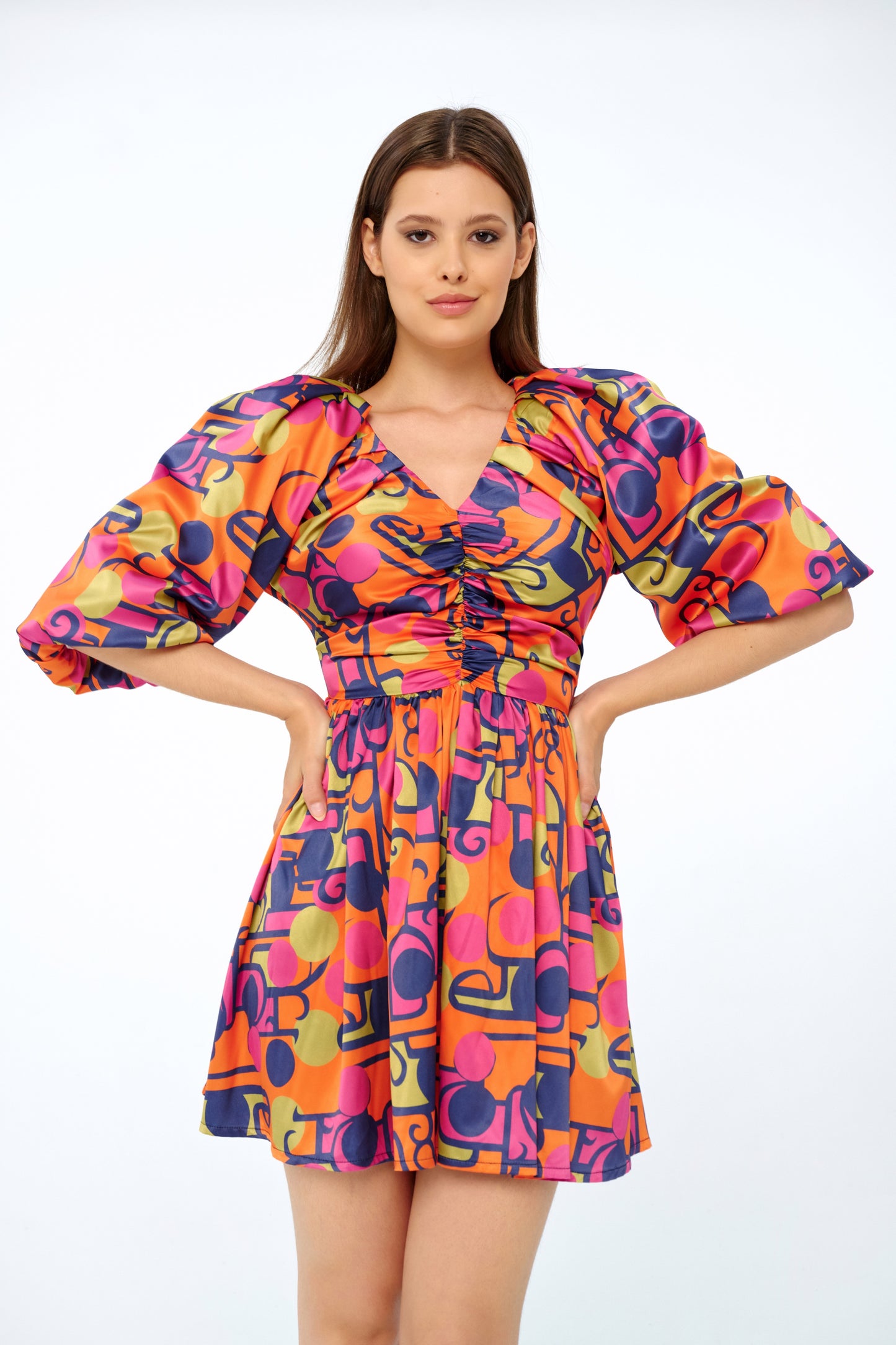 Zoya – Puff Sleeve Mini Dress in Sunset Pop