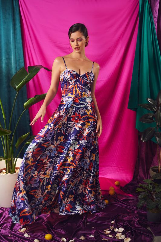 Liora – Bustier Maxi Dress in Twilight Tropic
