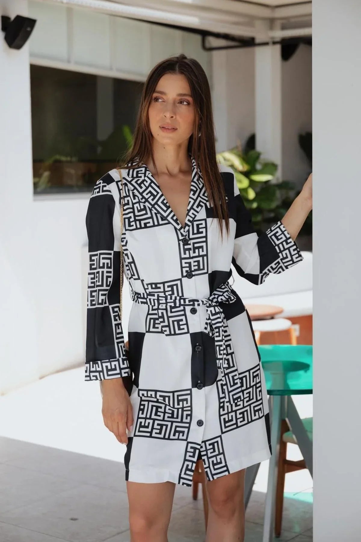 FRN LINE – Navy Printed Blazer-Collar Mini Dress for Women