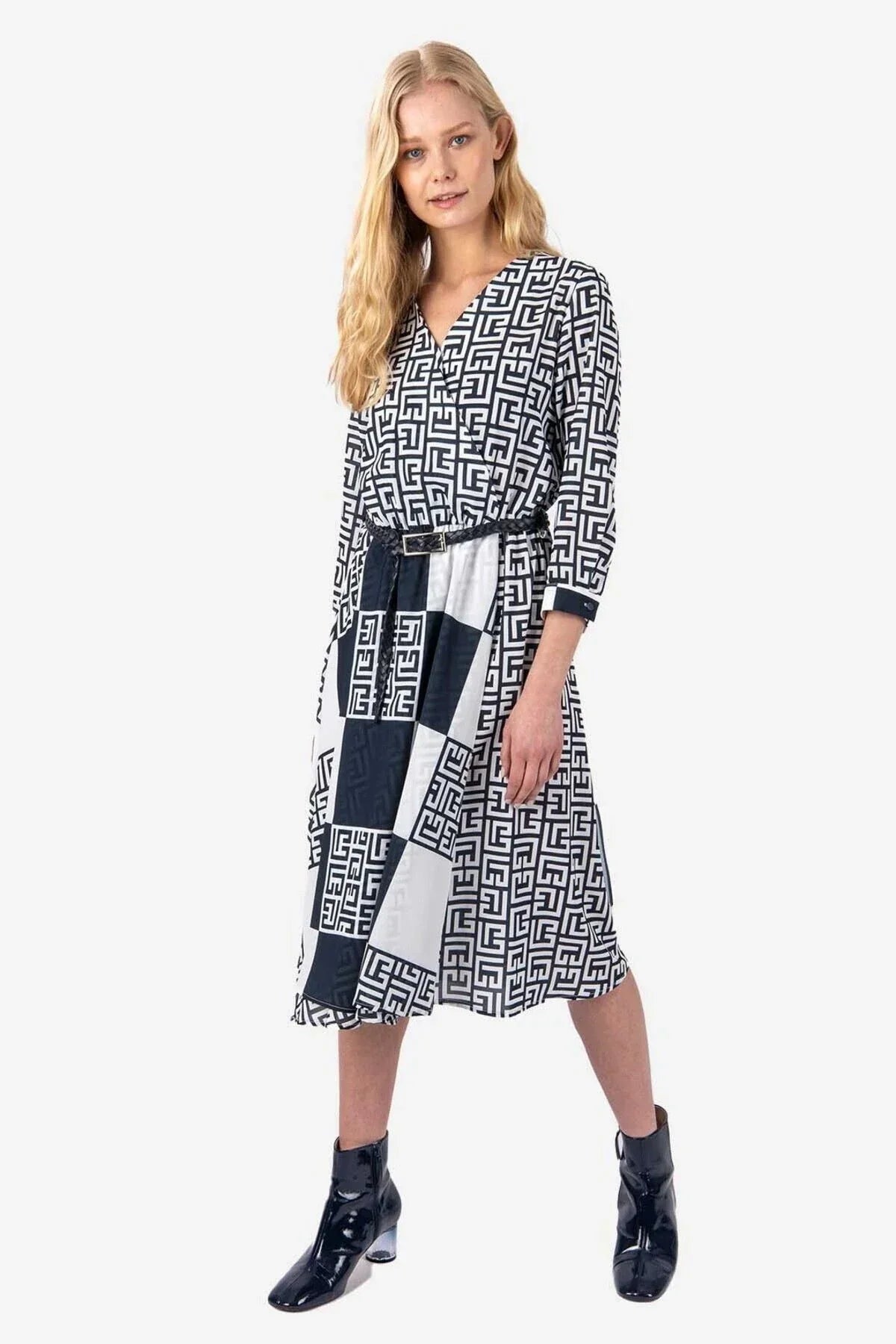 FRN LINE – Navy Printed Midi Dress for Women