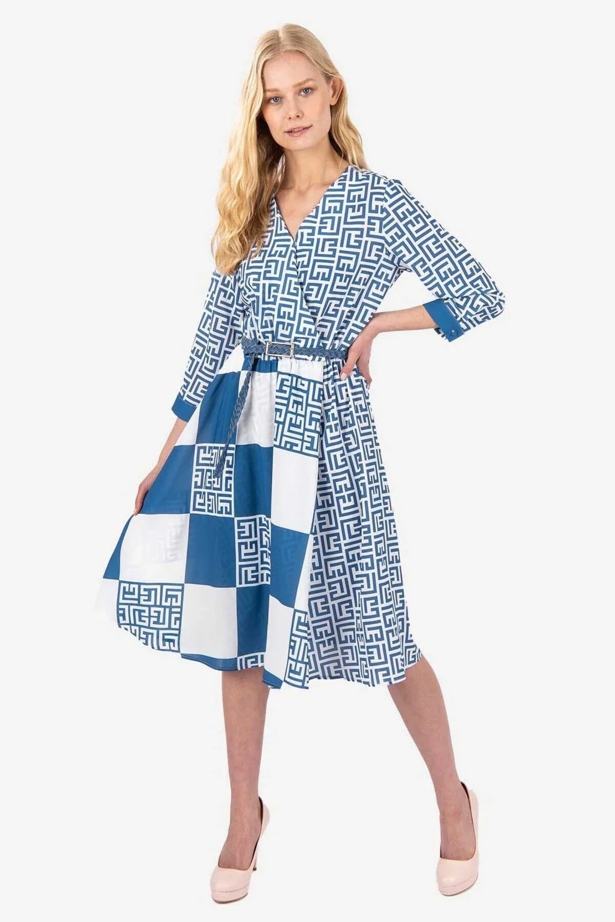 FRN LINE – Blue Printed Midi Dress for Women