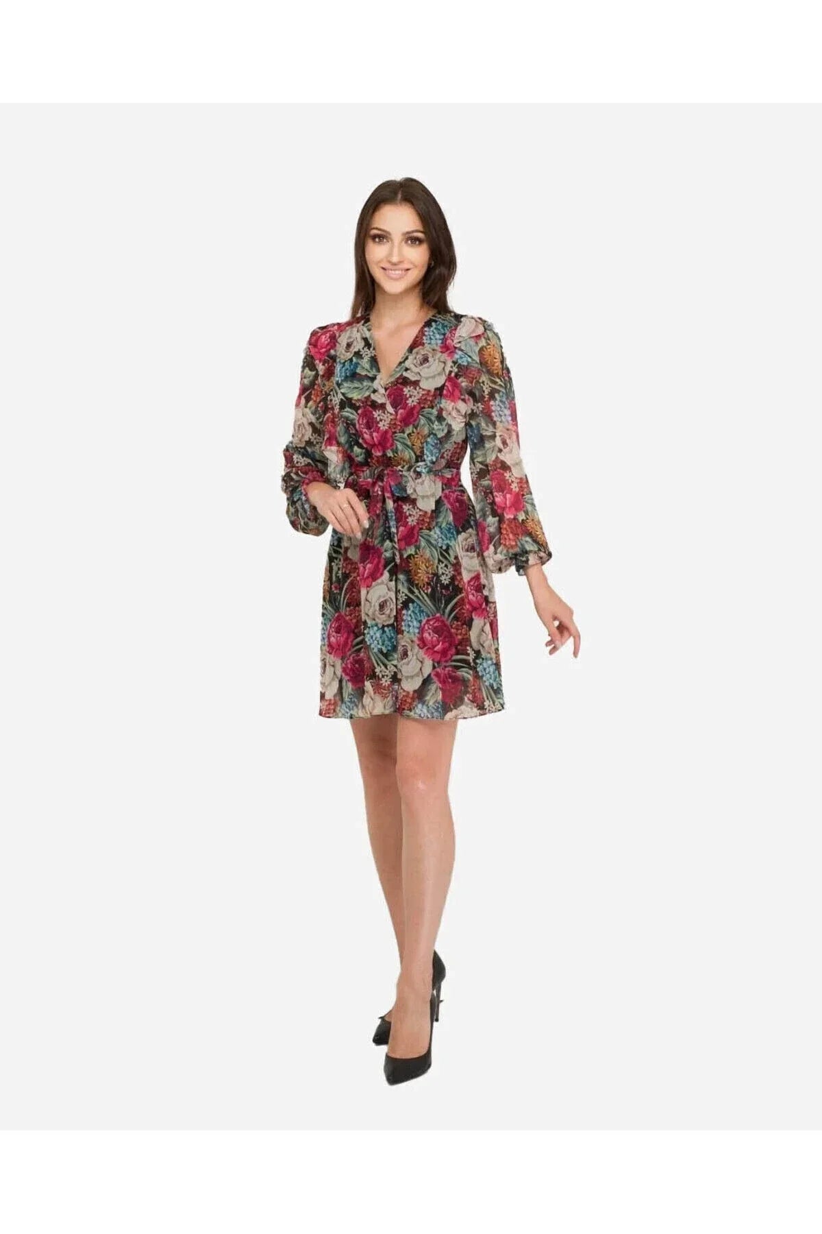 FRN LINE – Black Floral Chiffon Wrap Dress for Women FRN30380