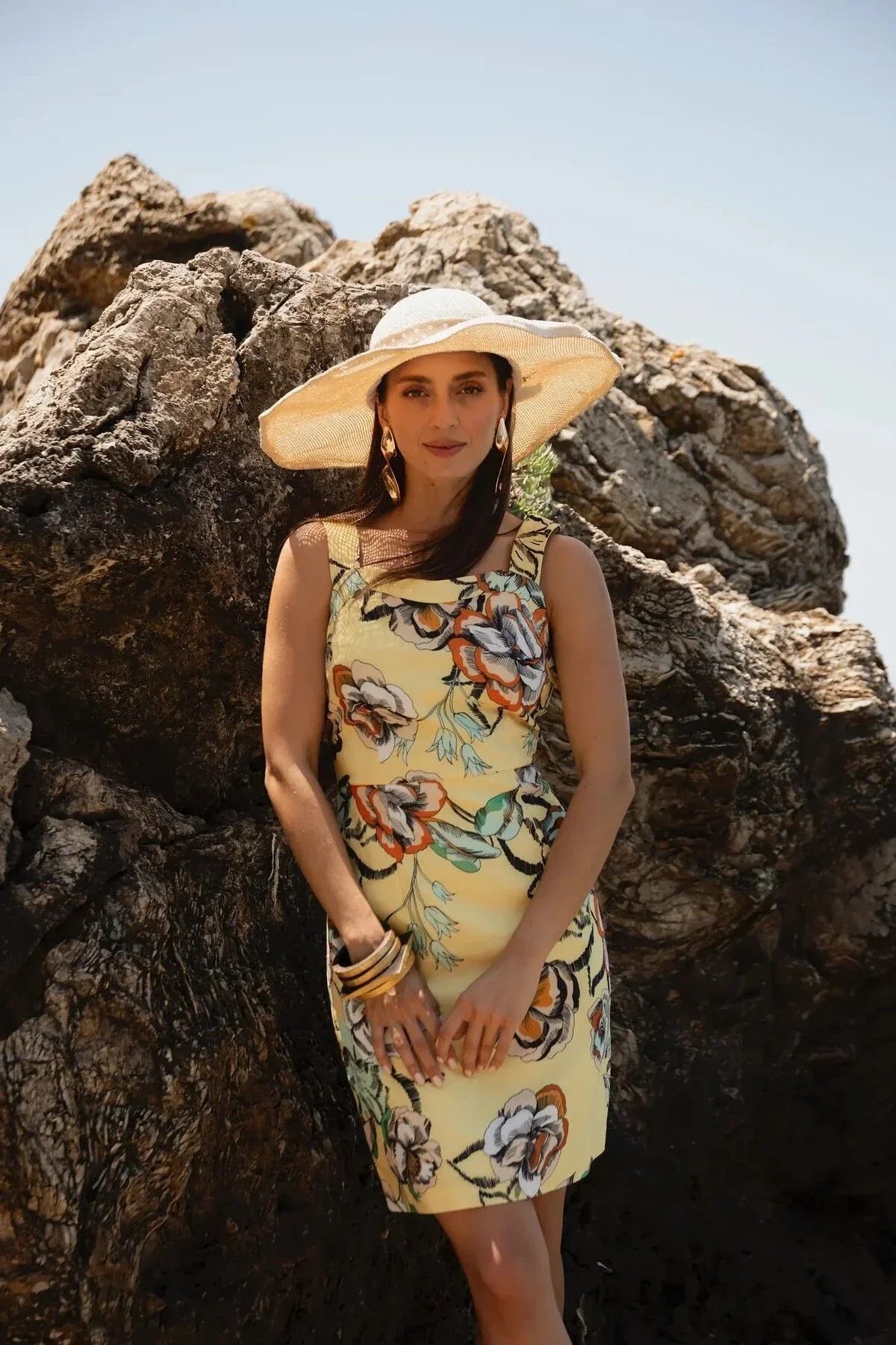 FRN LINE – Yellow Floral Patterned Cotton Mini Dress for Women FRN30390