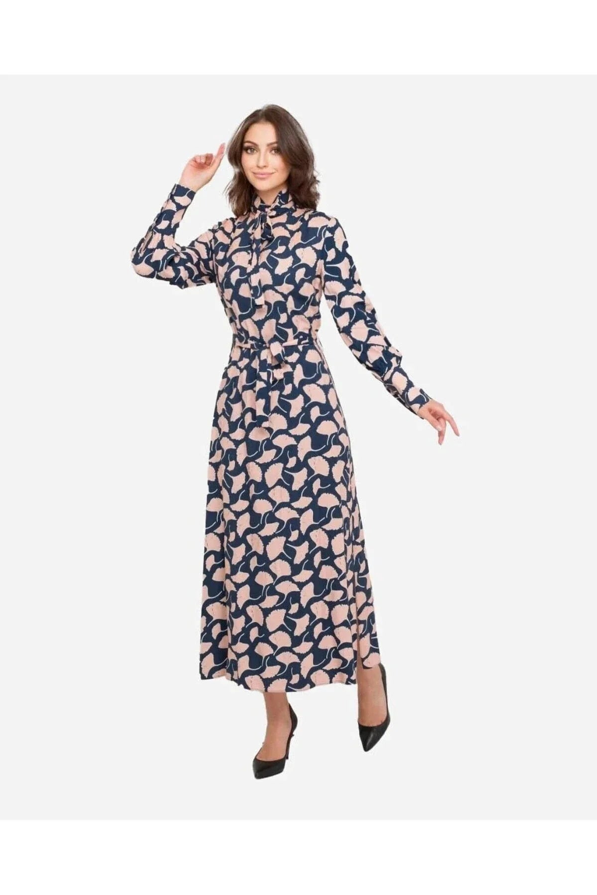 FRN LINE – Cream Printed High-Neck Belted Maxi Dress for Women FRN3118