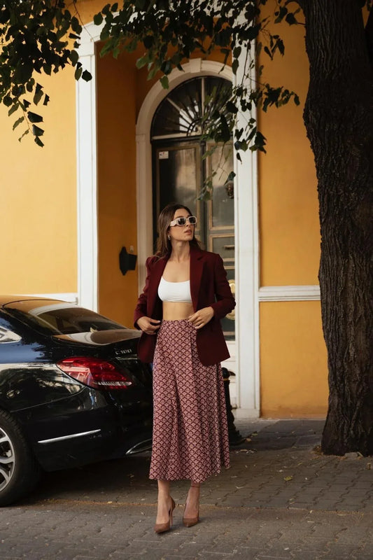 FRN LINE – Burgundy Patterned Slit Skirt for Women