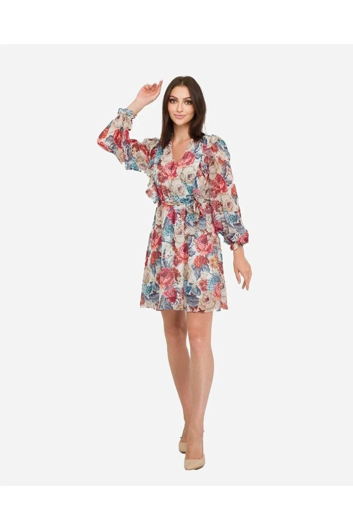 FRN LINE – White Floral Chiffon Wrap Dress for Women FRN30380