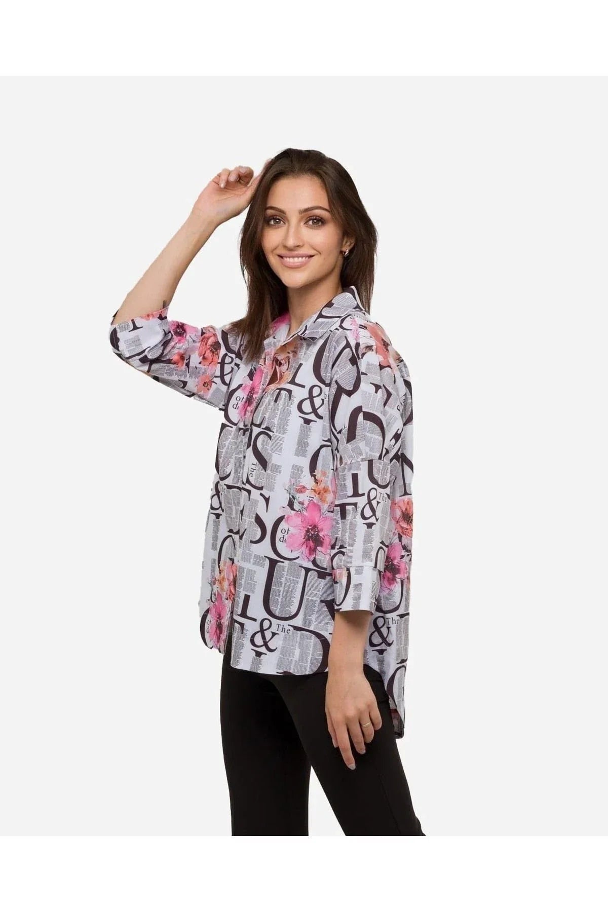 FRN LINE – White Typographic Floral Oversized Shirt for Women FRN10101