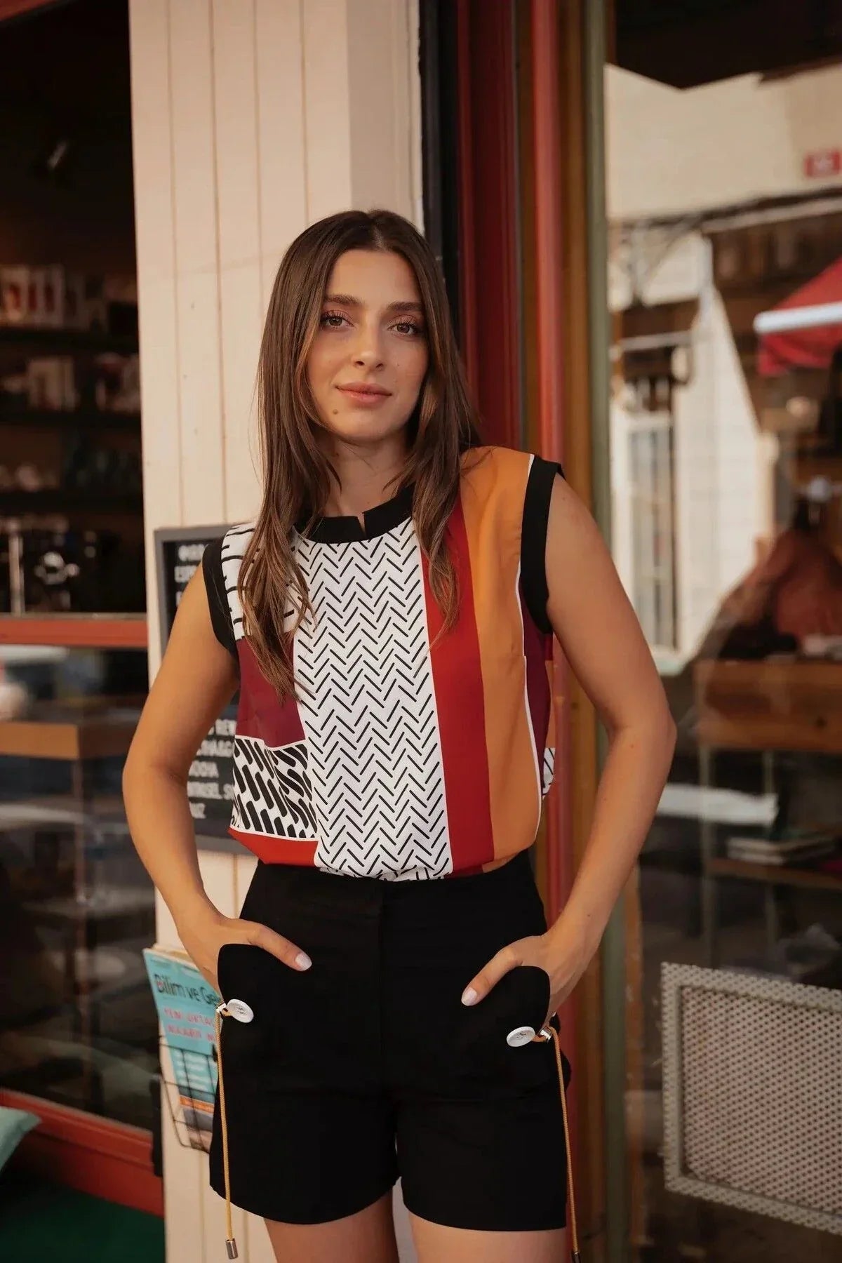 FRN LINE – Red Multicolored Patterned Sleeveless Blouse for Women [FRN1108]